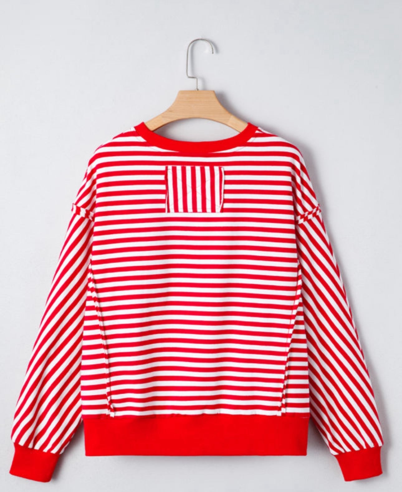 Red Striped Exposed Seam Drop Shoulder Long Sleeve Top Casual Blouses Womenswear