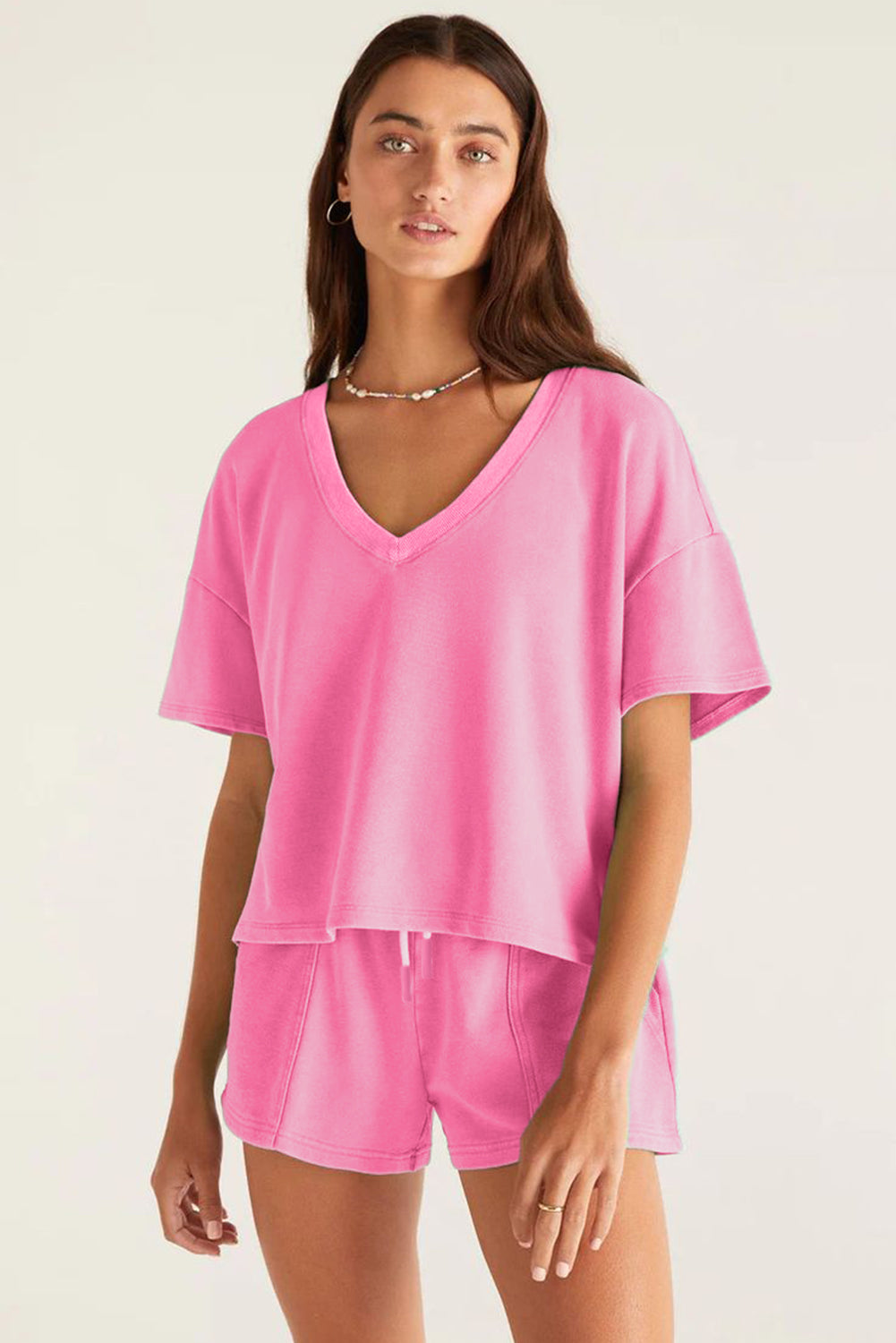 Bonbon V Neck Drop Shoulder Tee and Patchwork Shorts Set