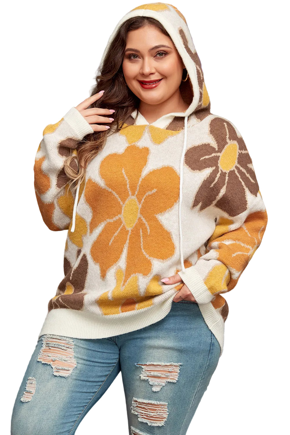 White Large Flower Knitted Drawstring Hooded Plus Size Sweater