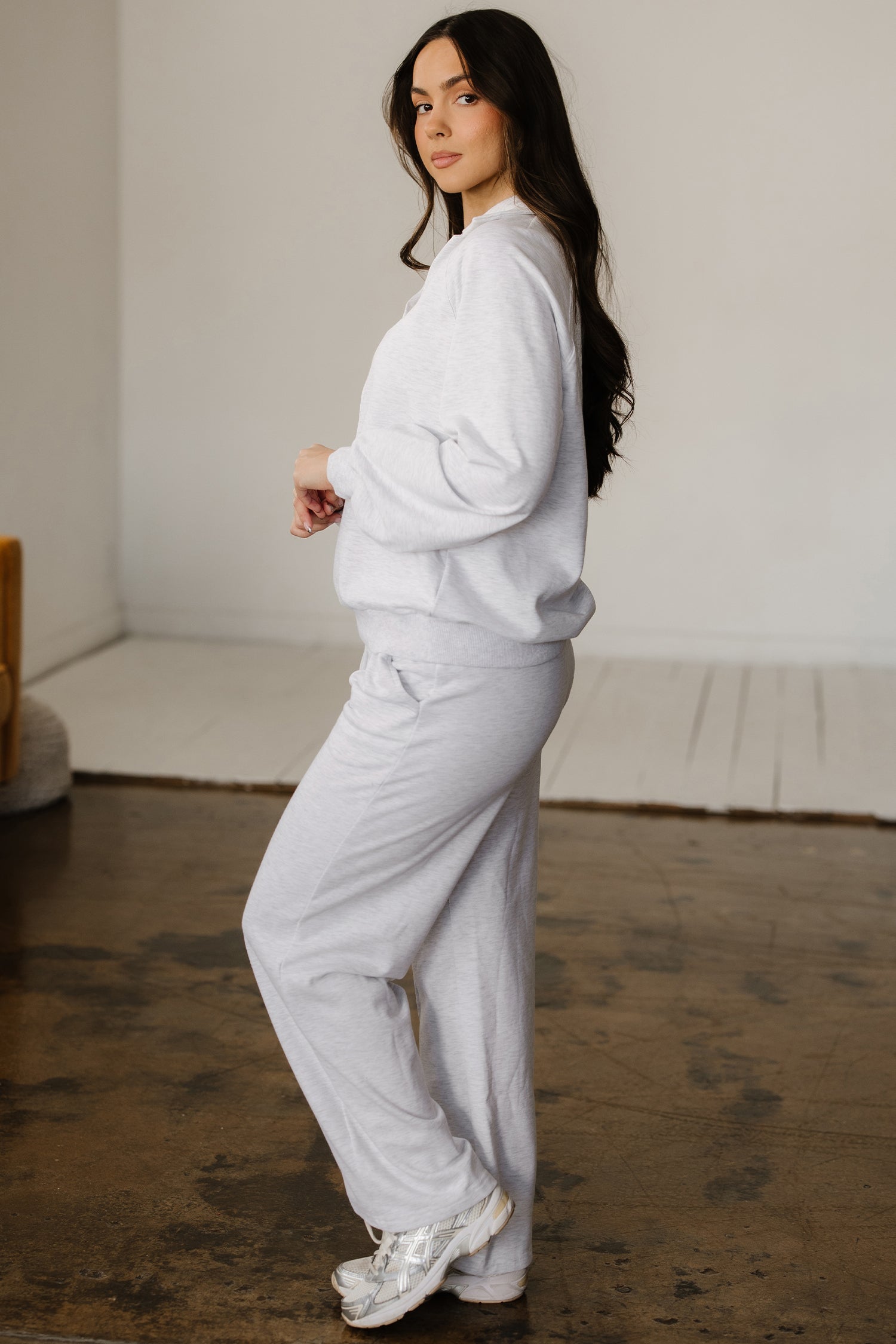 Light Grey Polo Collar V Neck Pullover and Drawstring Sweatpants Set