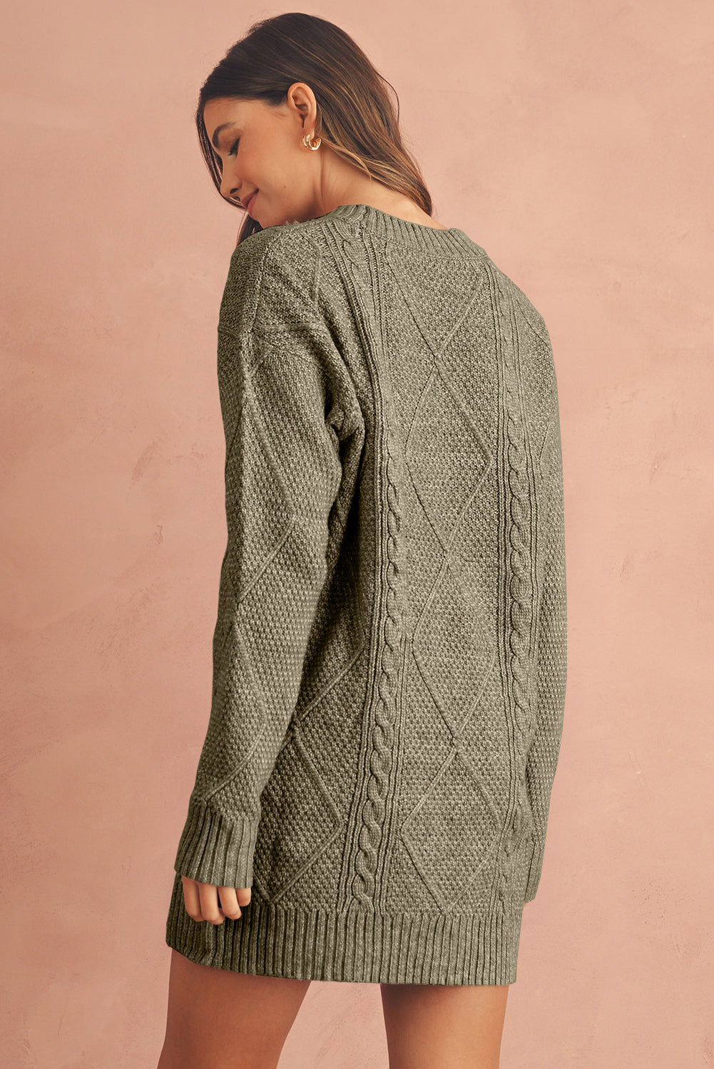 Mist Green Twist Cable Knit Drop Shoulder Loose Fit Sweater Dress
