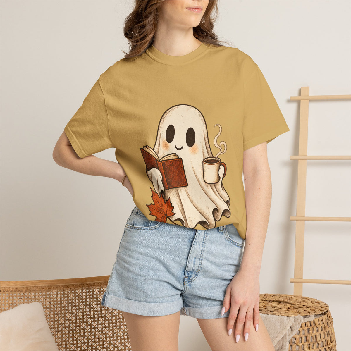 Antrezil Cozy Reading Ghost Illustration T-shirt | Autumn Book Coffee,