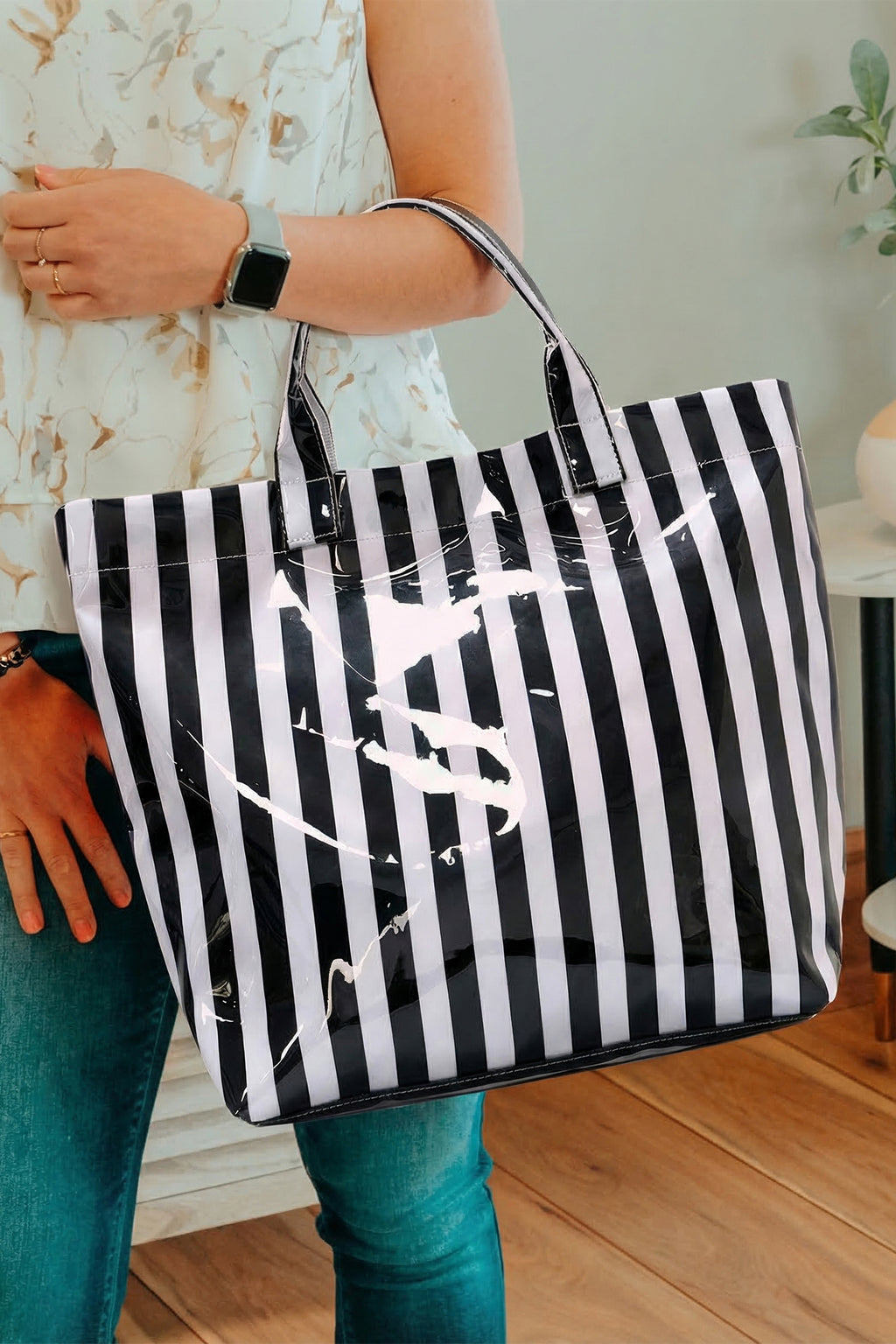 Pink Glossy Striped Vinyl Large Tote Bag