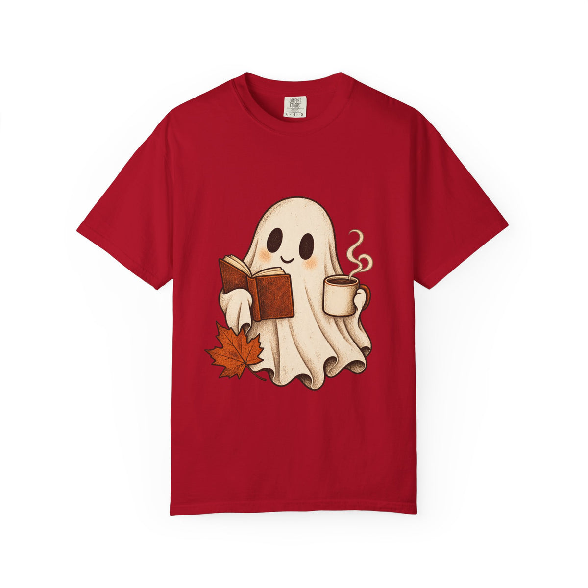 Antrezil Cozy Reading Ghost Illustration T-shirt | Autumn Book Coffee,