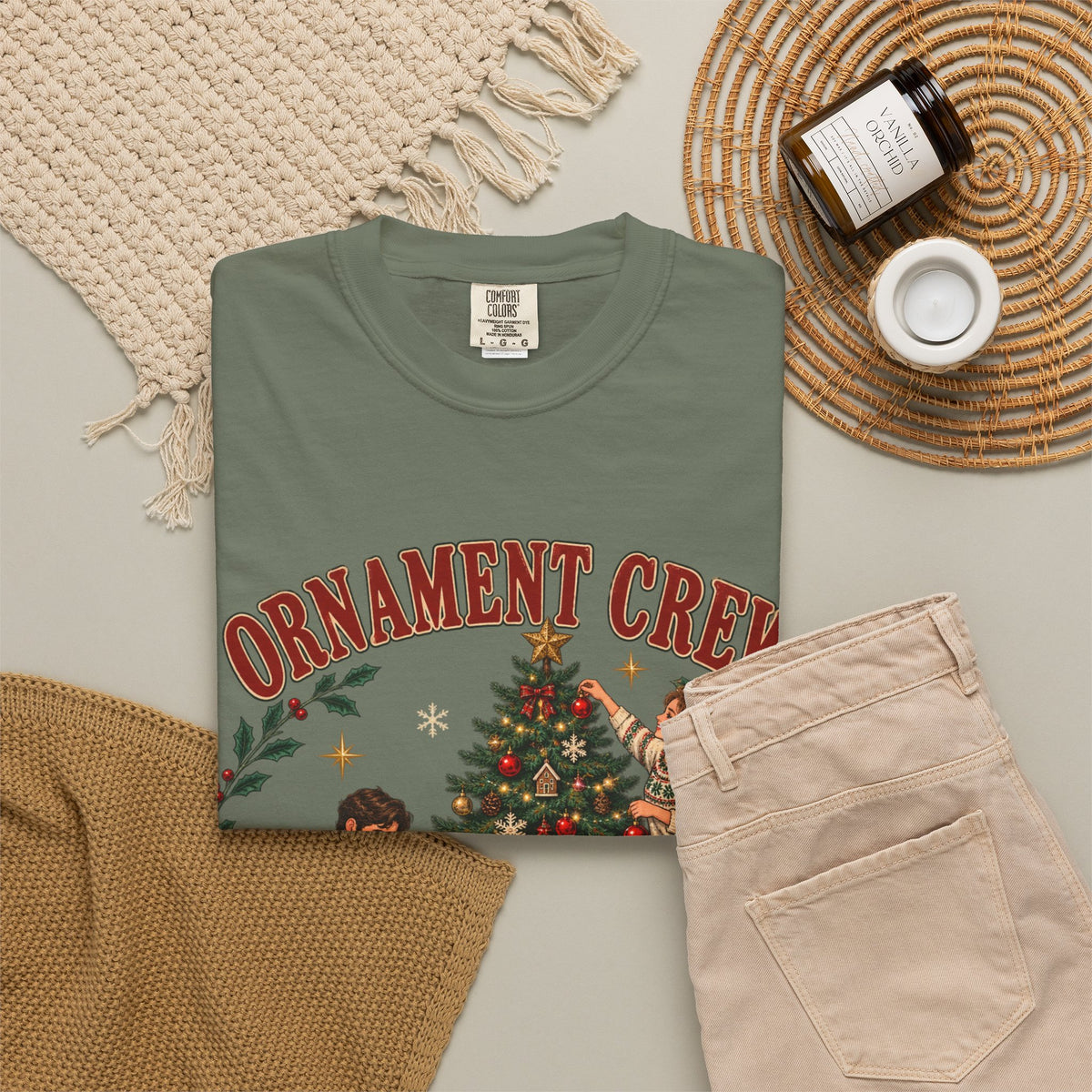 Ornament Crew Christmas Tree scene T-shirt | Cocoa Break Pending, family holiday tee