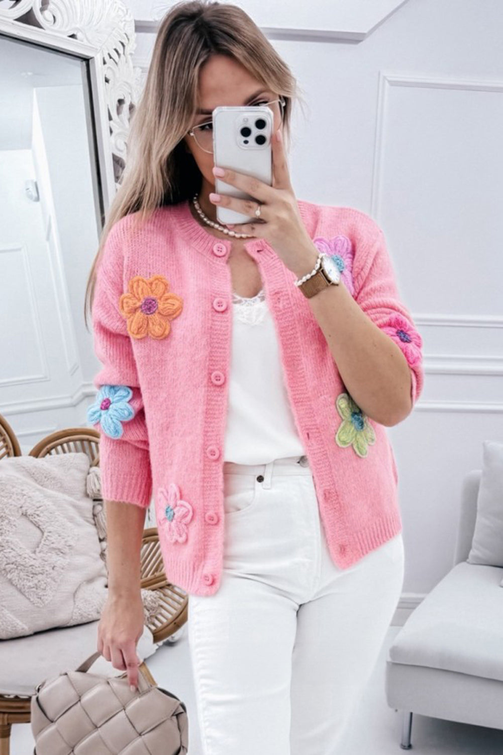 Pink Cute Flower Pattern Button-Up Cardigan