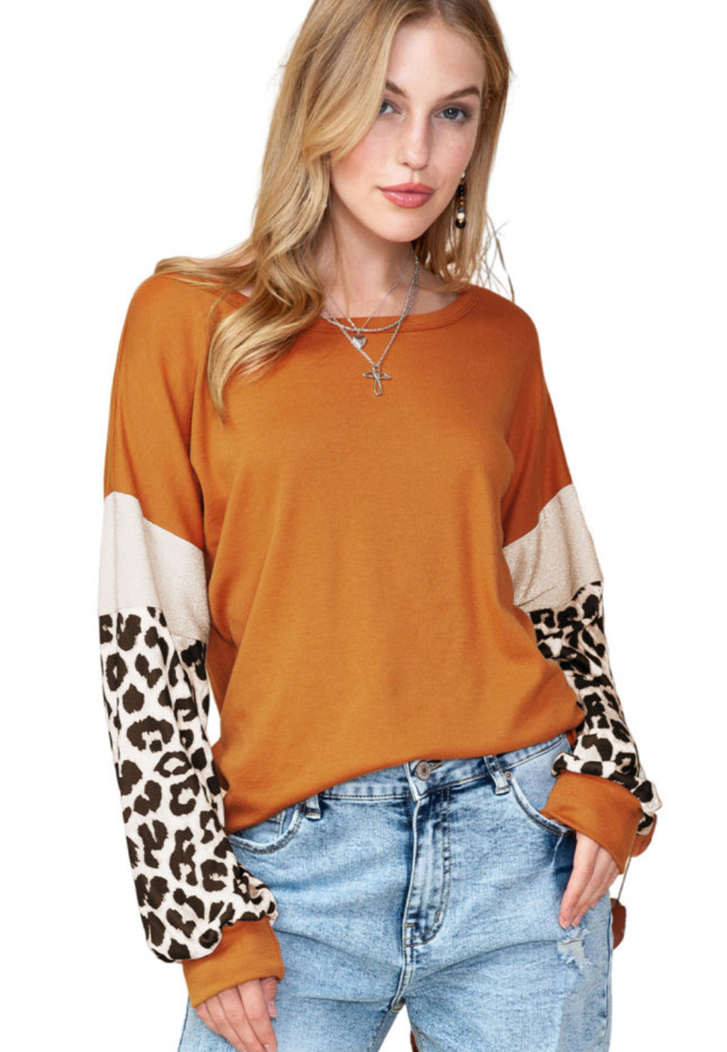 Brown Leopard and Glitter Patchwork Long Sleeve Top Womenswear Blouse Casual Daily Wear