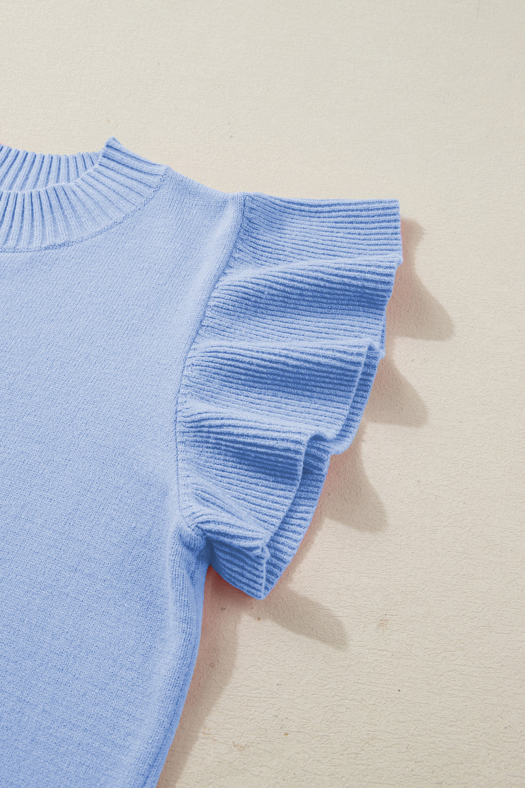 Beau Blue Solid Color Ribbed Trim Round Neck Ruffle Short Sleeve Sweater
