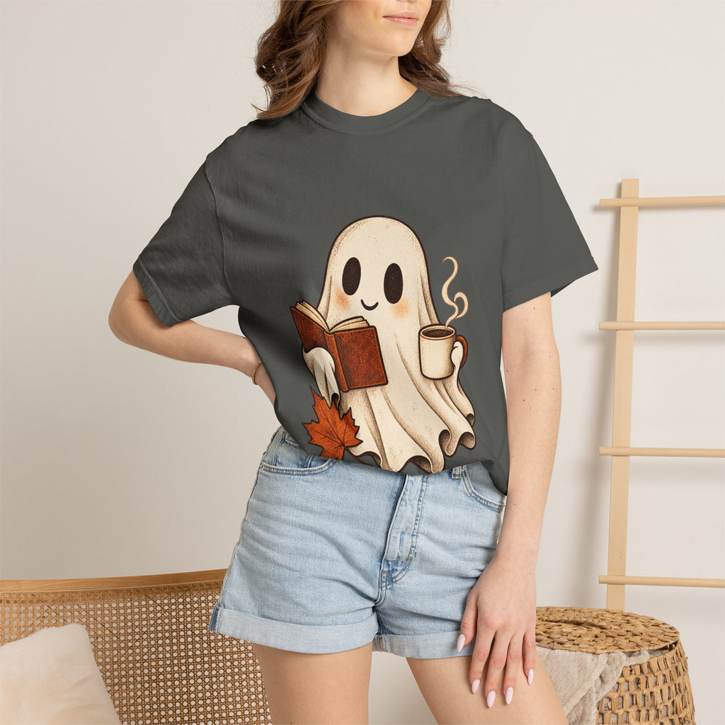 Antrezil Cozy Reading Ghost Illustration T-shirt | Autumn Book Coffee,