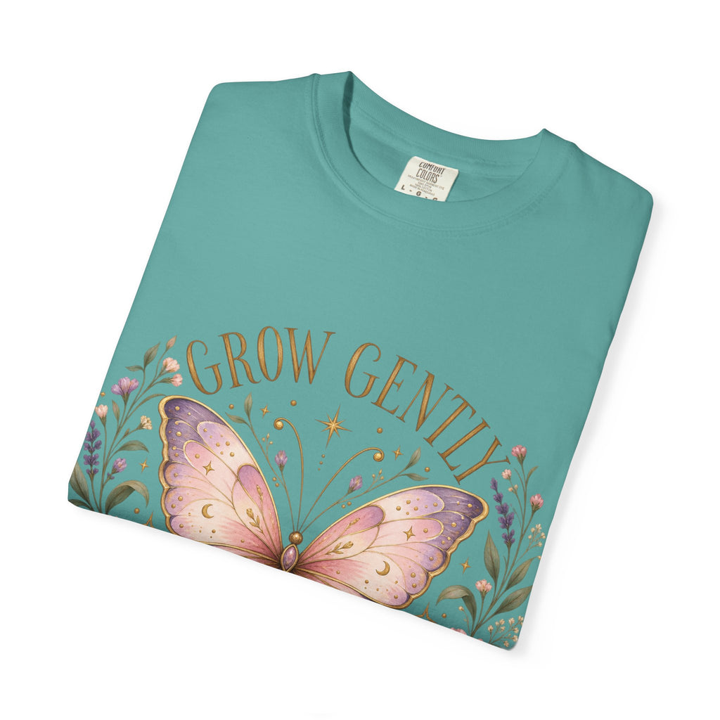 Grow Gently Bloom Brightly Butterfly Floral T-Shirt made-to-order Cotton