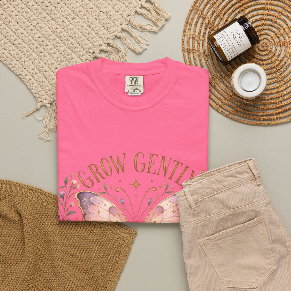 Grow Gently Bloom Brightly Butterfly Floral T-Shirt made-to-order Cotton