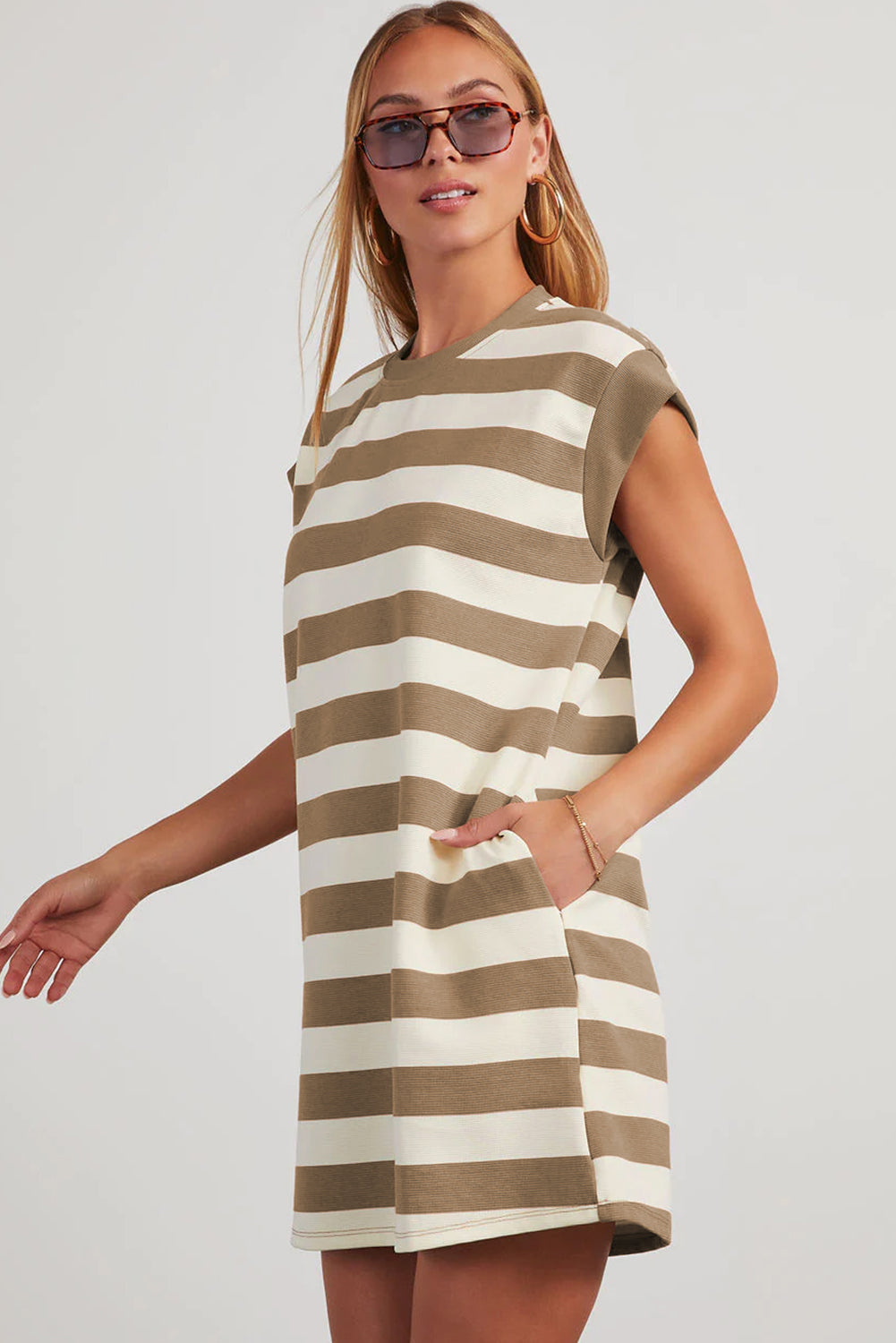Khaki Stripe Cap Sleeve Shift T Shirt Dress