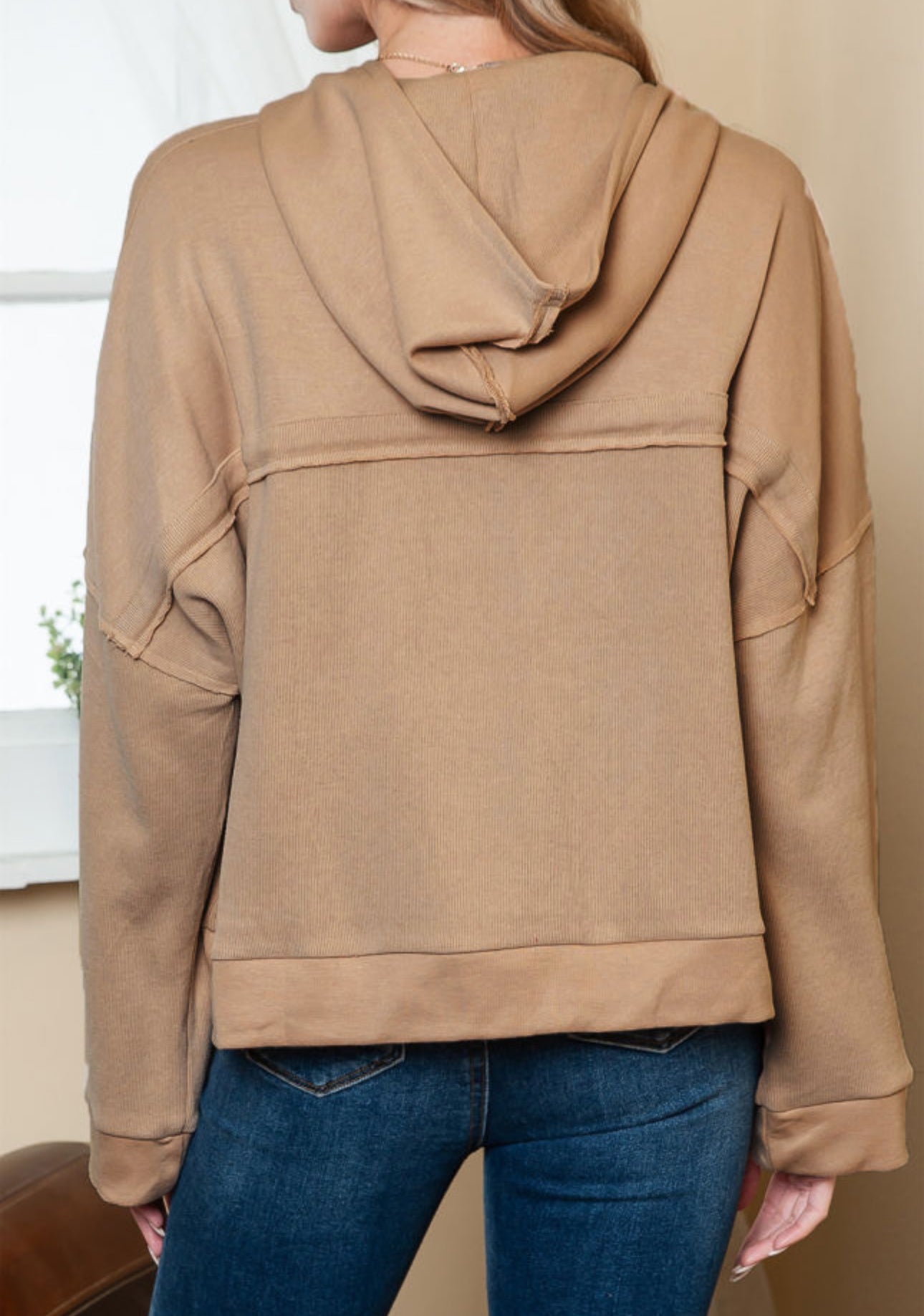 Khaki Casual Hoodie - Long Sleeve Button Seam Trim Solid Color Hooded Sweatshirt for Everyday Wear