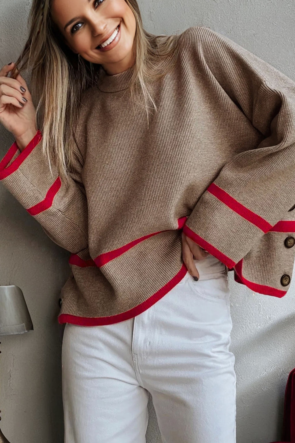 Simply Taupe Ribbed Knit Contrasted Stripe Detail Button Side Loose Sweater