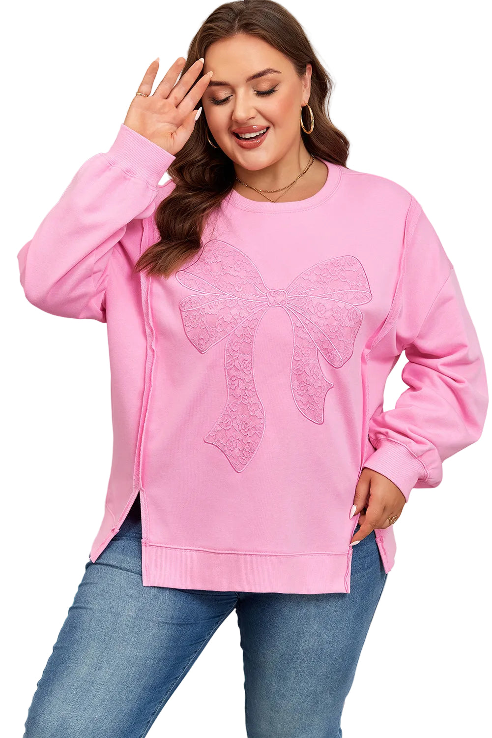 Pink Big Bow Lace Embroidered Dolman Sleeve Slit Plus Size Sweatshirt