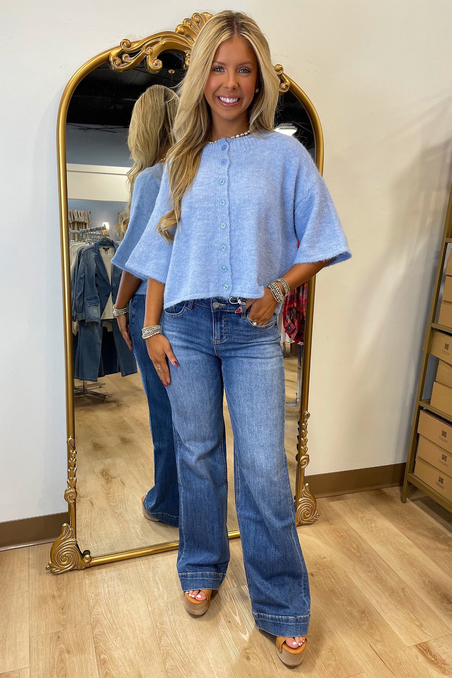 Beau Blue 3/4 Sleeve Boxy Knit Button Down Sweater Cardigan