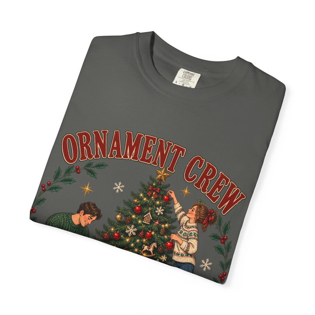 Ornament Crew Christmas Tree scene T-shirt | Cocoa Break Pending, family holiday tee