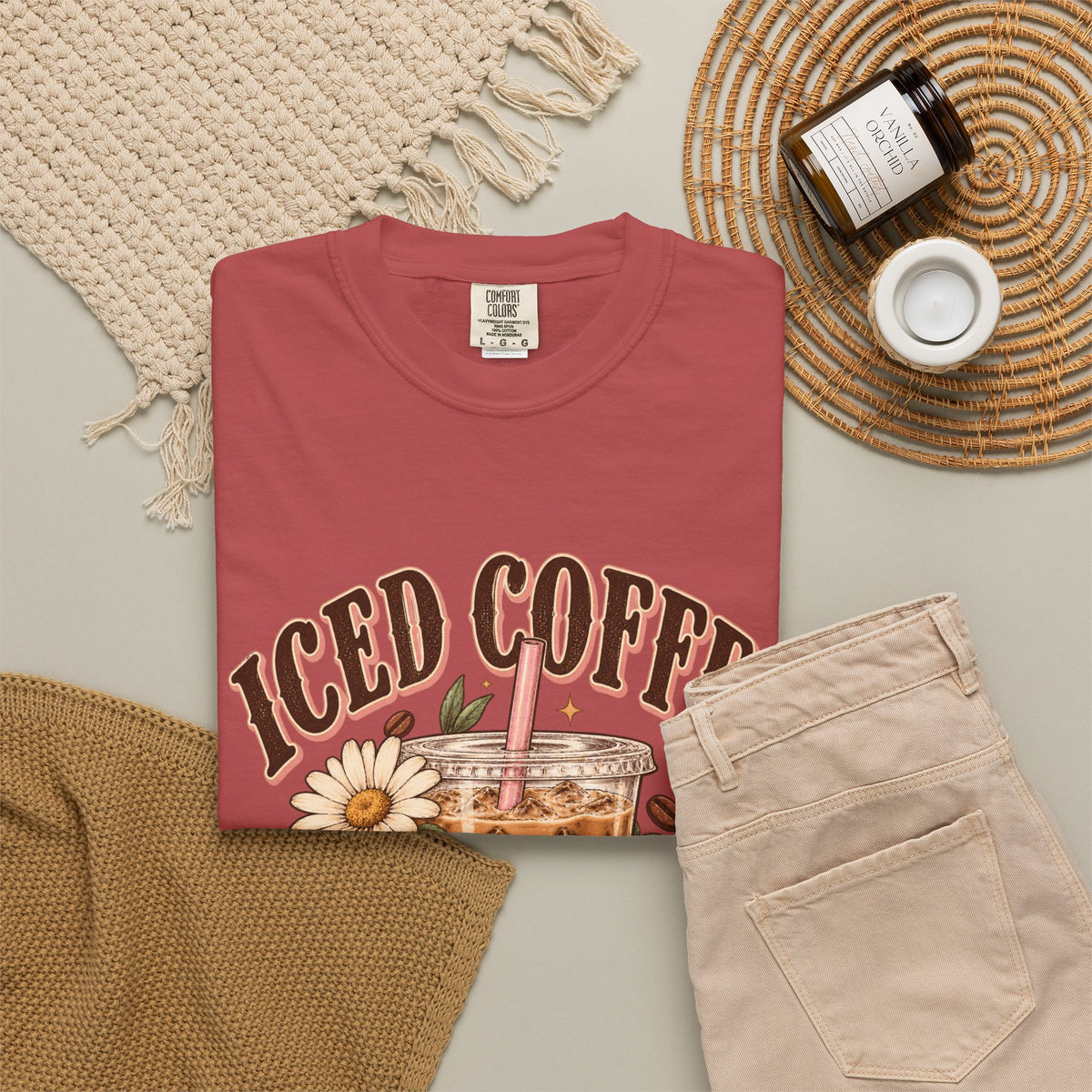 Iced Coffee Glass with Daisies T-shirt | Cute Coffee Illustration