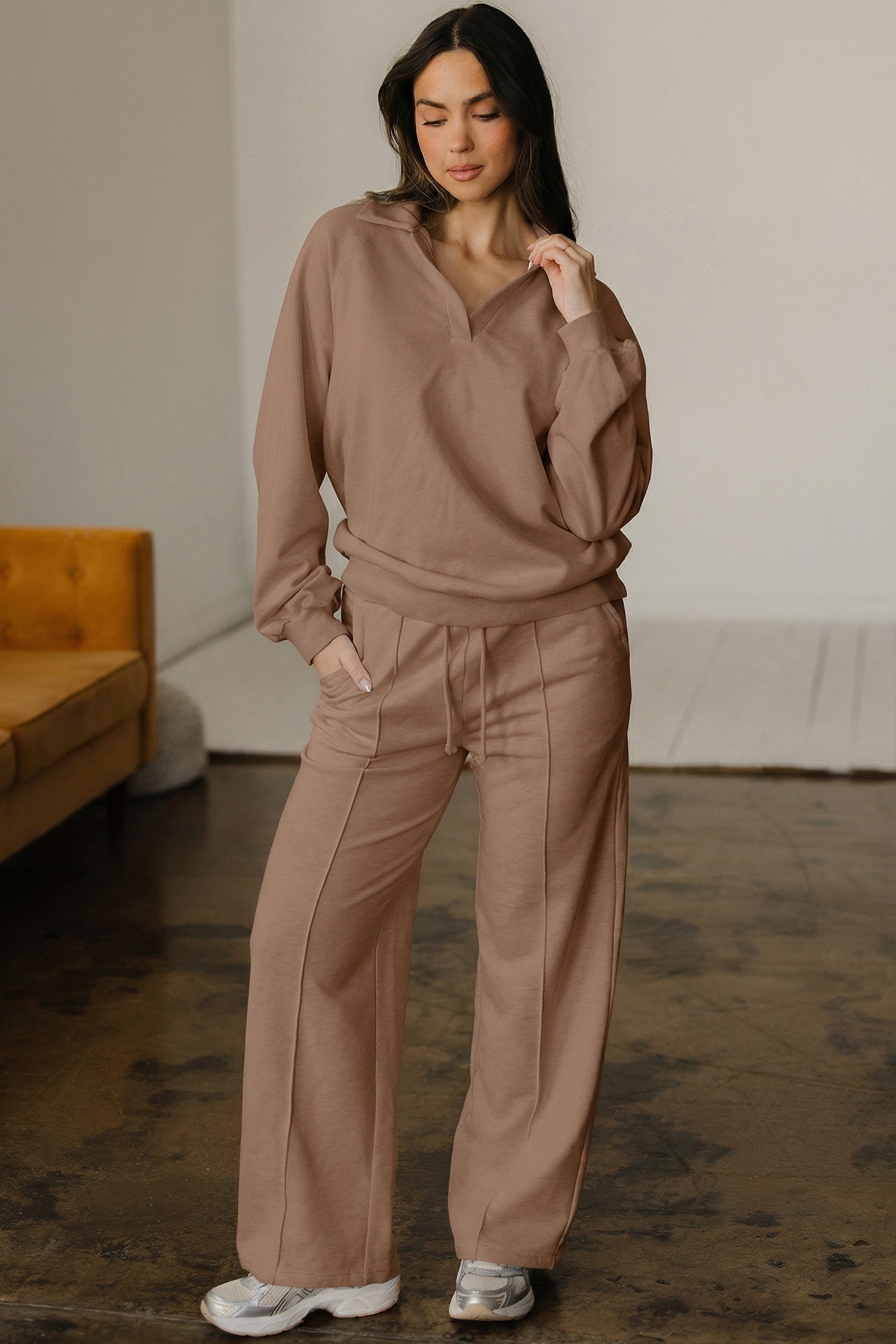 Dark Khaki Polo Collar V Neck Pullover and Drawstring Sweatpants Set