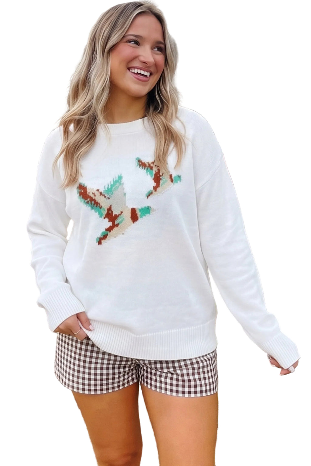 White Drop Shoulder Round Neck Long Sleeve Pullover Sweater