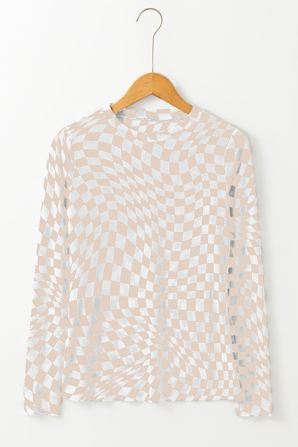 Khaki Checkered Pattern Mesh Long Sleeve Top