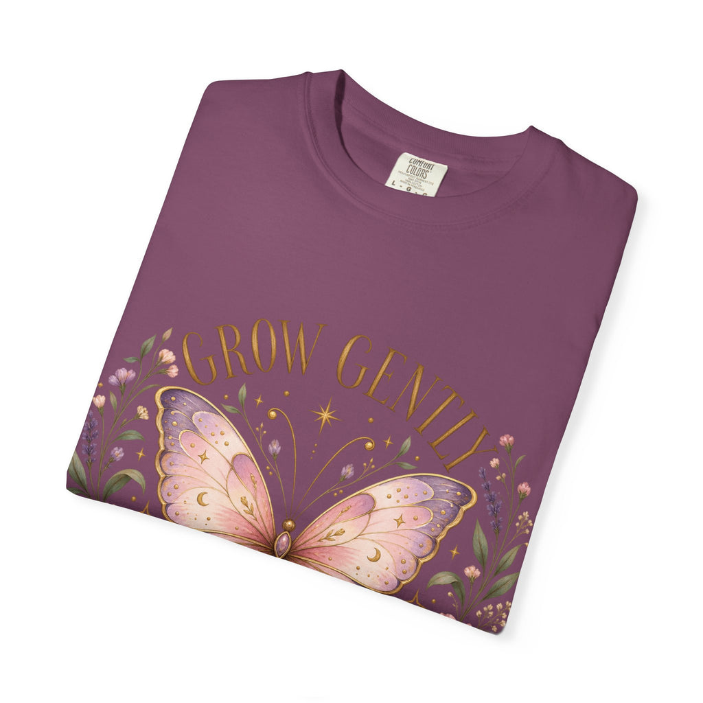 Grow Gently Bloom Brightly Butterfly Floral T-Shirt made-to-order Cotton