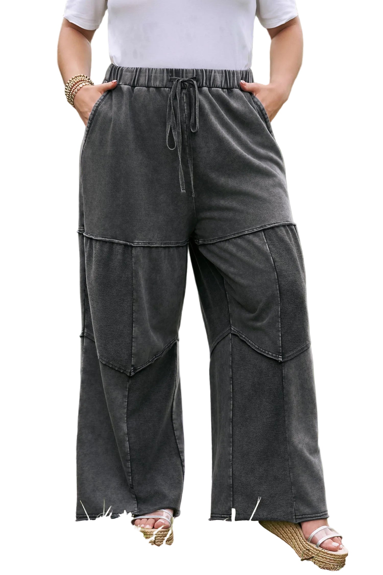 Black Plus Size Mineral Wash Exposed Seam Patchwork Drawstring Loose Pants