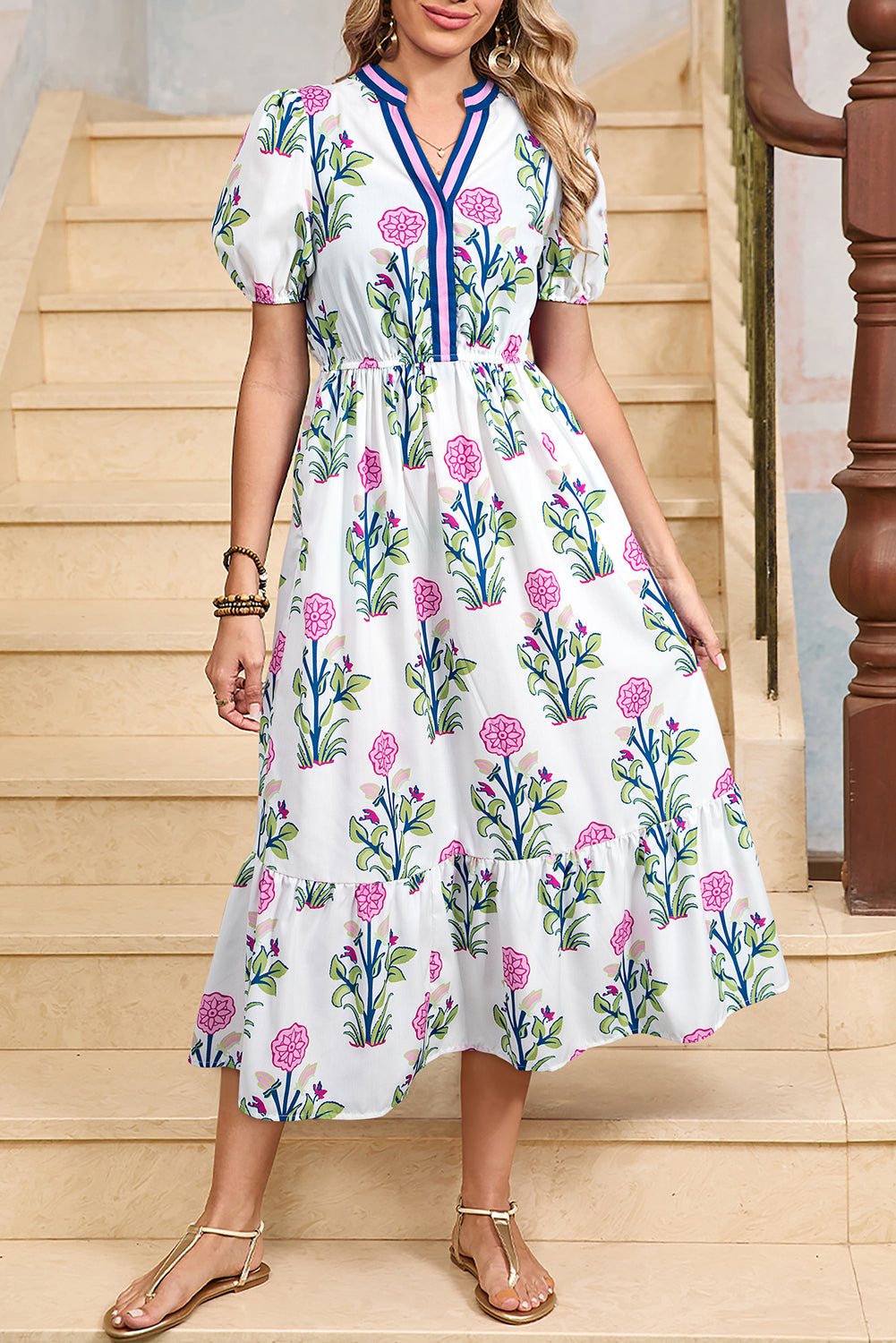 White Floral Ruffle Hem Pop of Color Neckline Dress