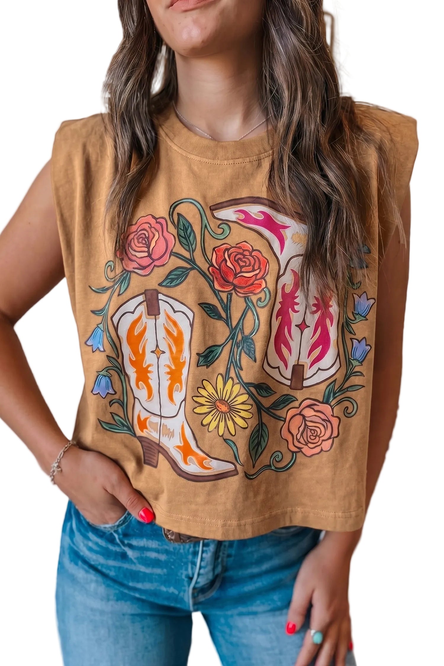 Camel Western Boots Flower Printed Sleeveless Loose Tank Top