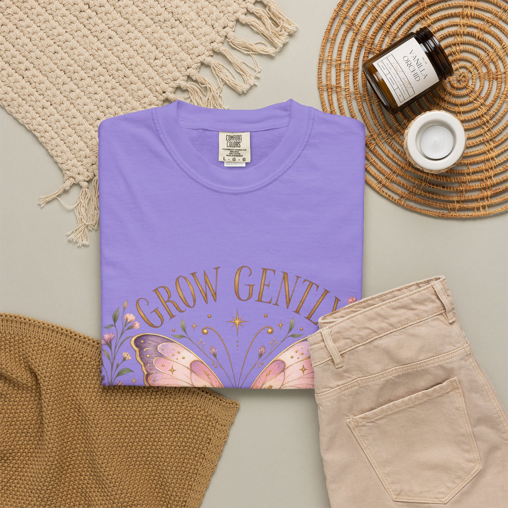 Grow Gently Bloom Brightly Butterfly Floral T-Shirt made-to-order Cotton