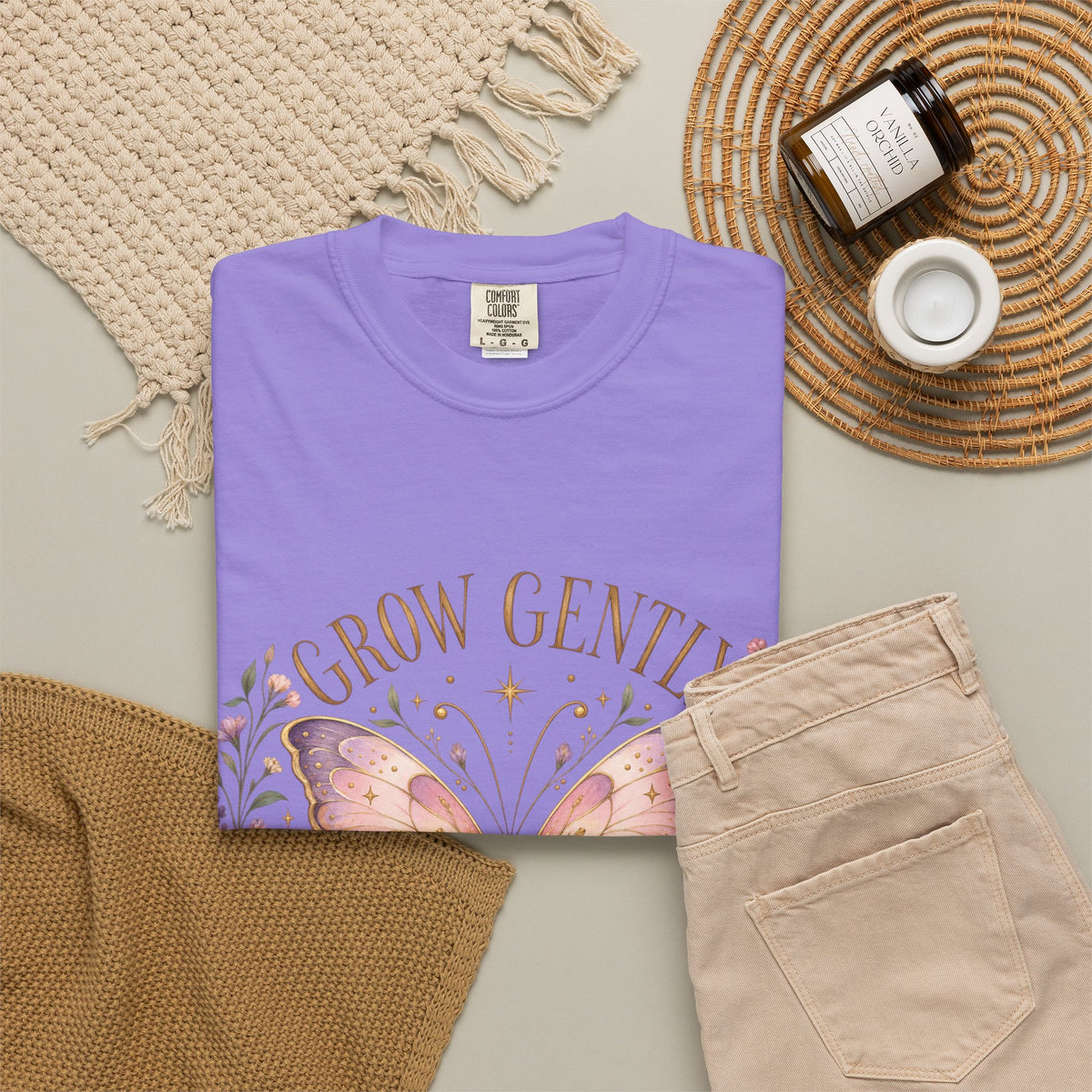 Grow Gently Bloom Brightly Butterfly Floral T-Shirt made-to-order Cotton
