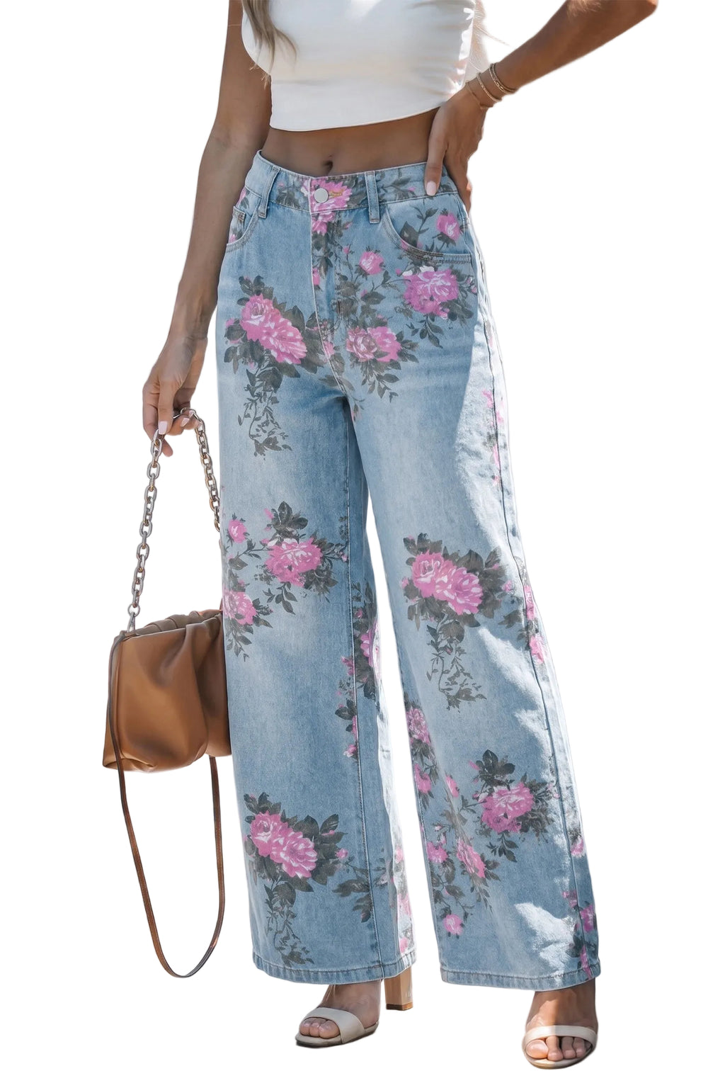 Sky Blue Garden Floral Print Bootcut Jeans