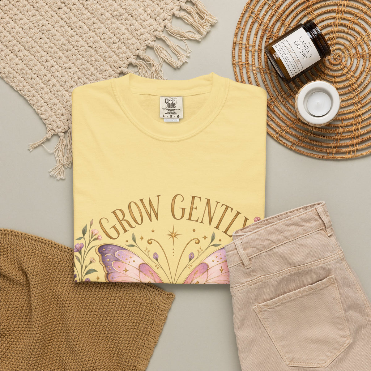 Grow Gently Bloom Brightly Butterfly Floral T-Shirt made-to-order Cotton