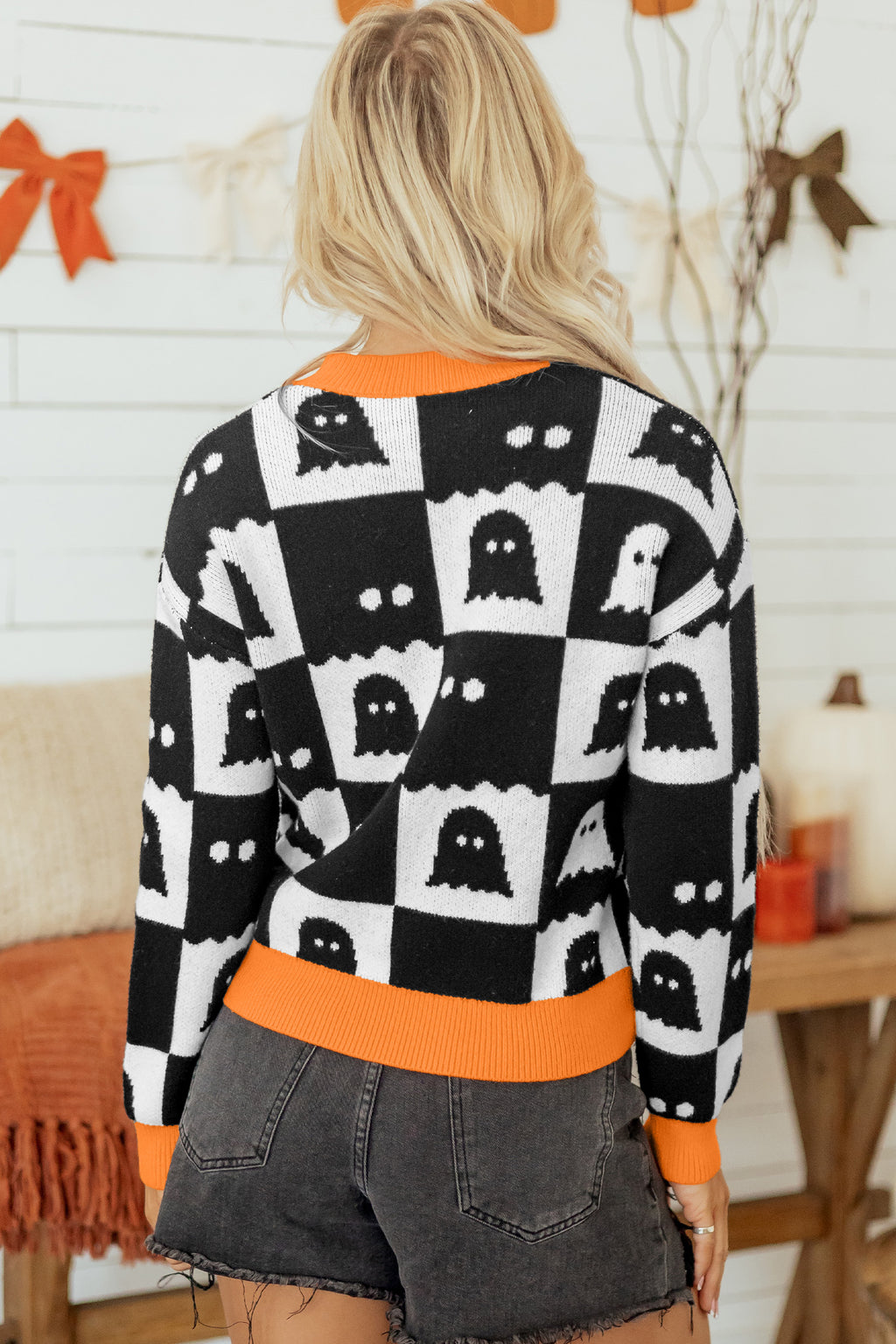Black High Neck Drop Shoulder Geometric Print Sweater