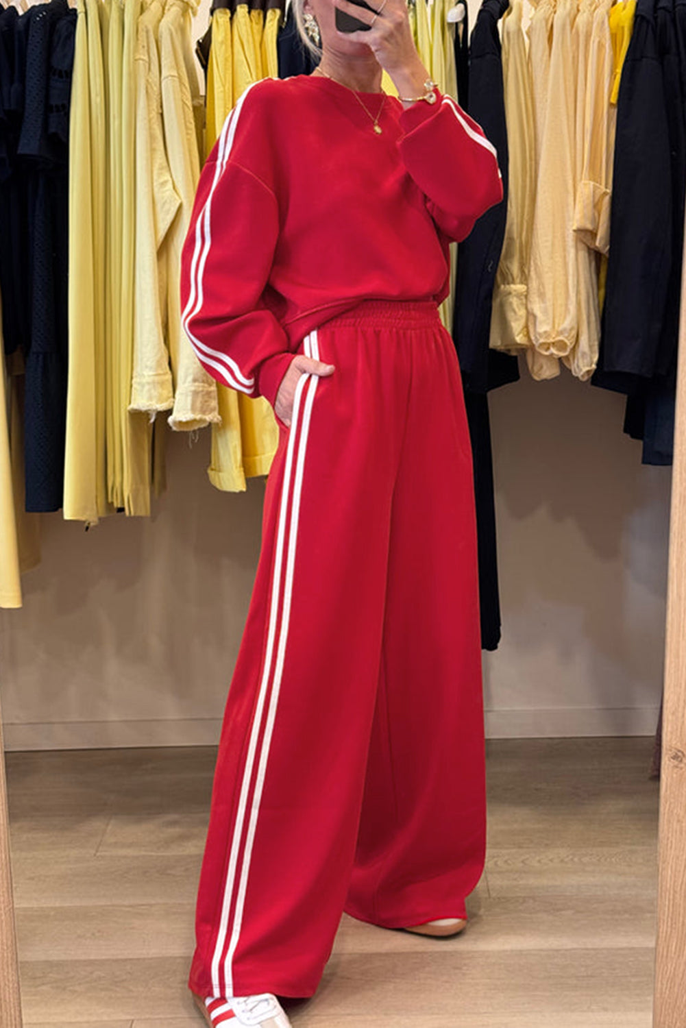Fiery Red Varsity Striped Detail Cropped Pullover Wide Leg Pants 2pcs Outfit