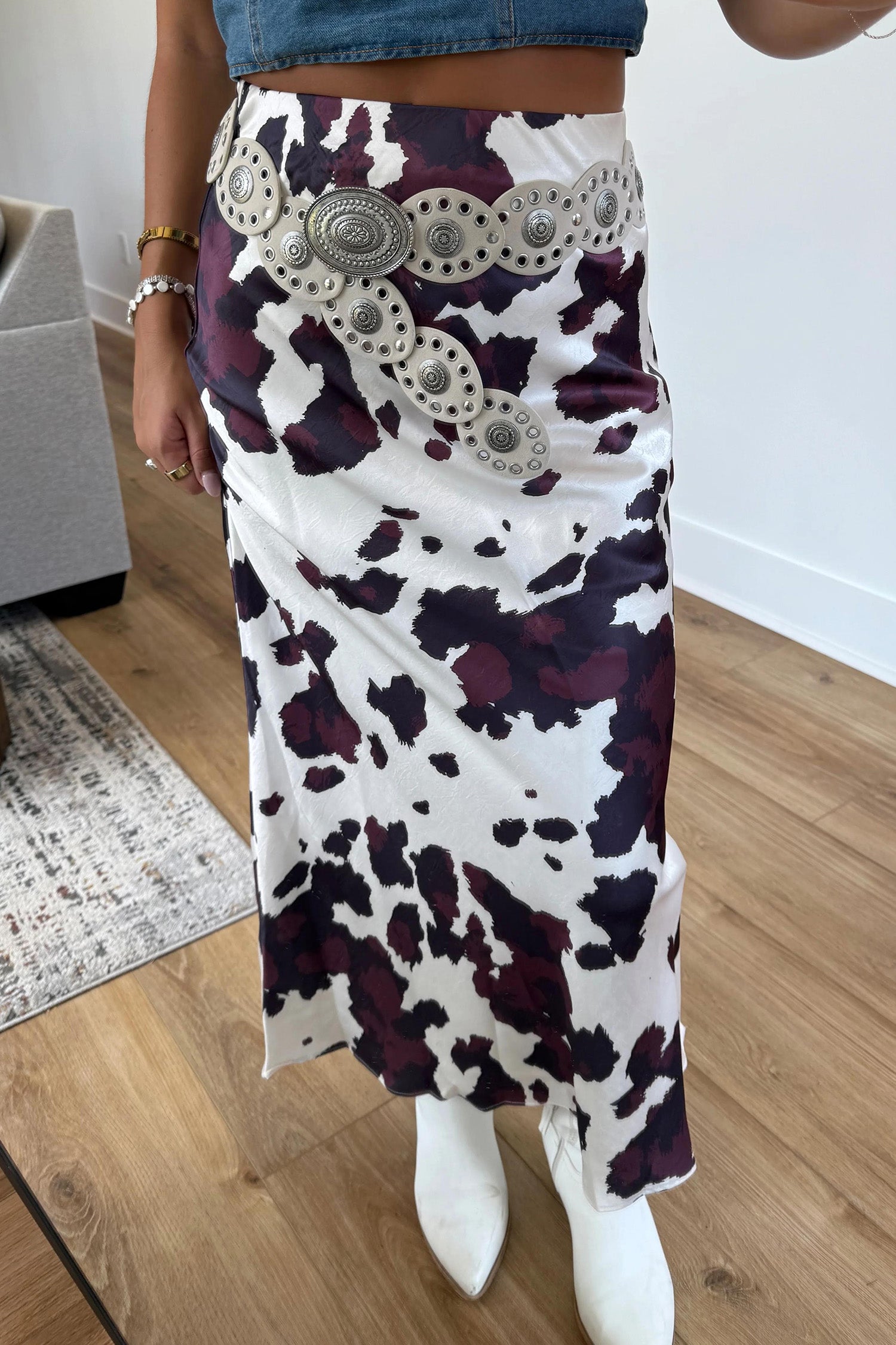Brown Abstract Print Western Long Metal Zip-Up Waist Daily Wear Skirt