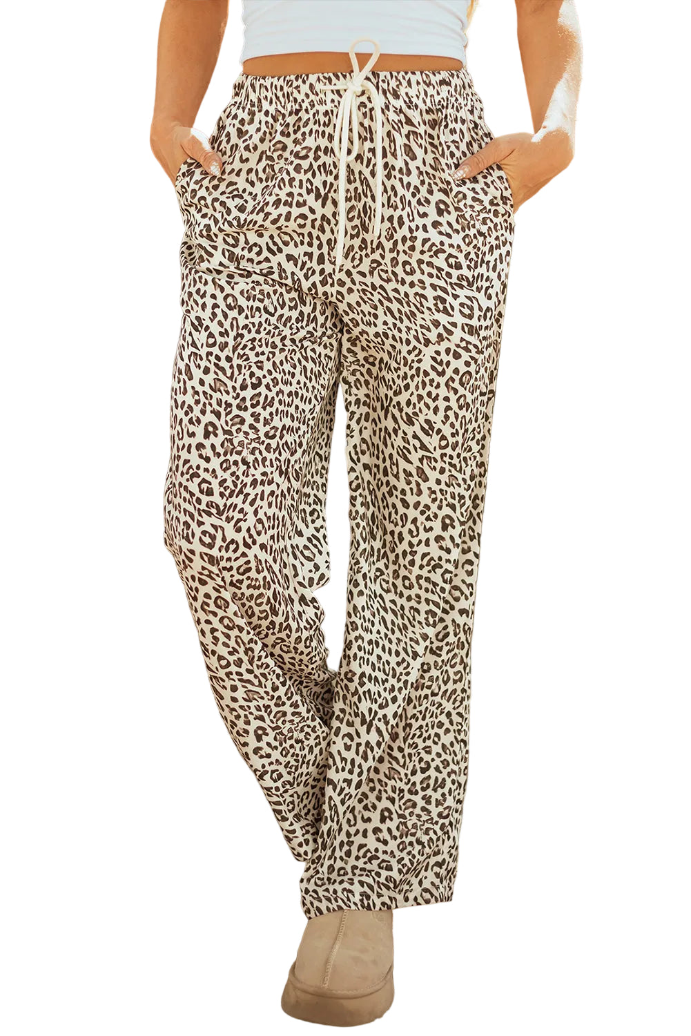 Brown Leopard Drawstring Elastic Waistband Loose Pants