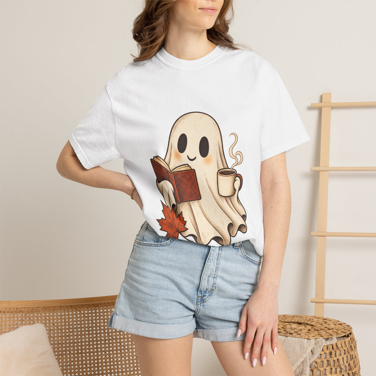 Antrezil Cozy Reading Ghost Illustration T-shirt | Autumn Book Coffee,