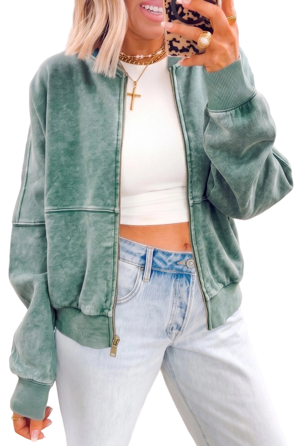 Evergreen Mineral Washed Zip Open-Front Jacket Style Cotton Sweatshirt