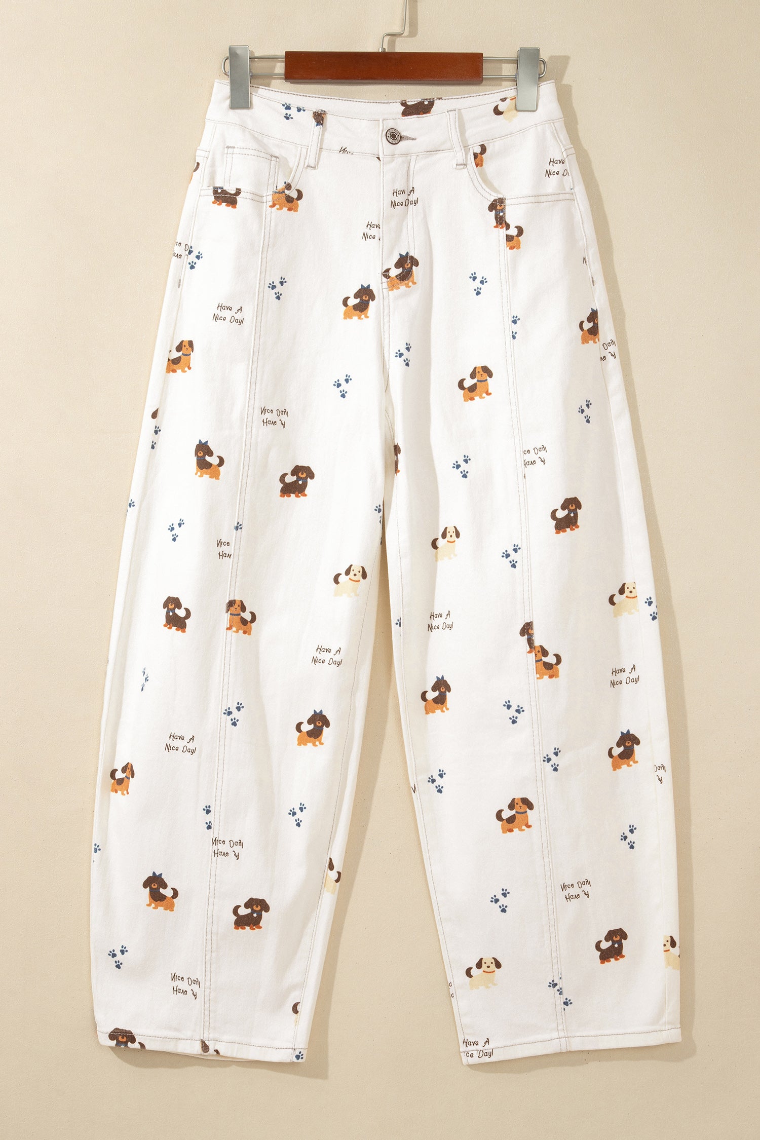 White Abstract Dog Print Wide Leg Full-Length Jeans
