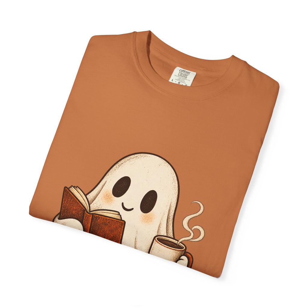Antrezil Cozy Reading Ghost Illustration T-shirt | Autumn Book Coffee,