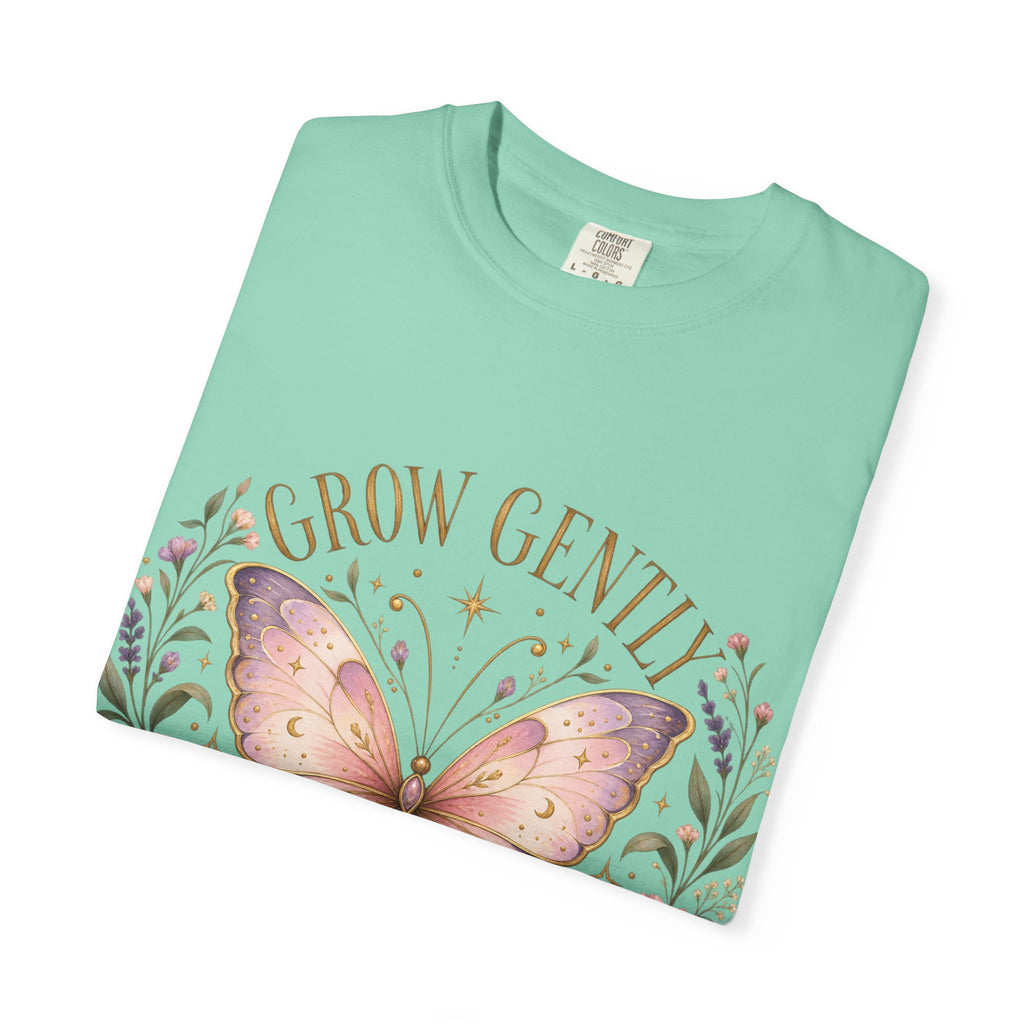 Grow Gently Bloom Brightly Butterfly Floral T-Shirt made-to-order Cotton