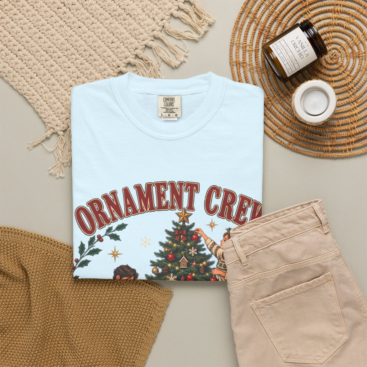 Ornament Crew Christmas Tree scene T-shirt | Cocoa Break Pending, family holiday tee