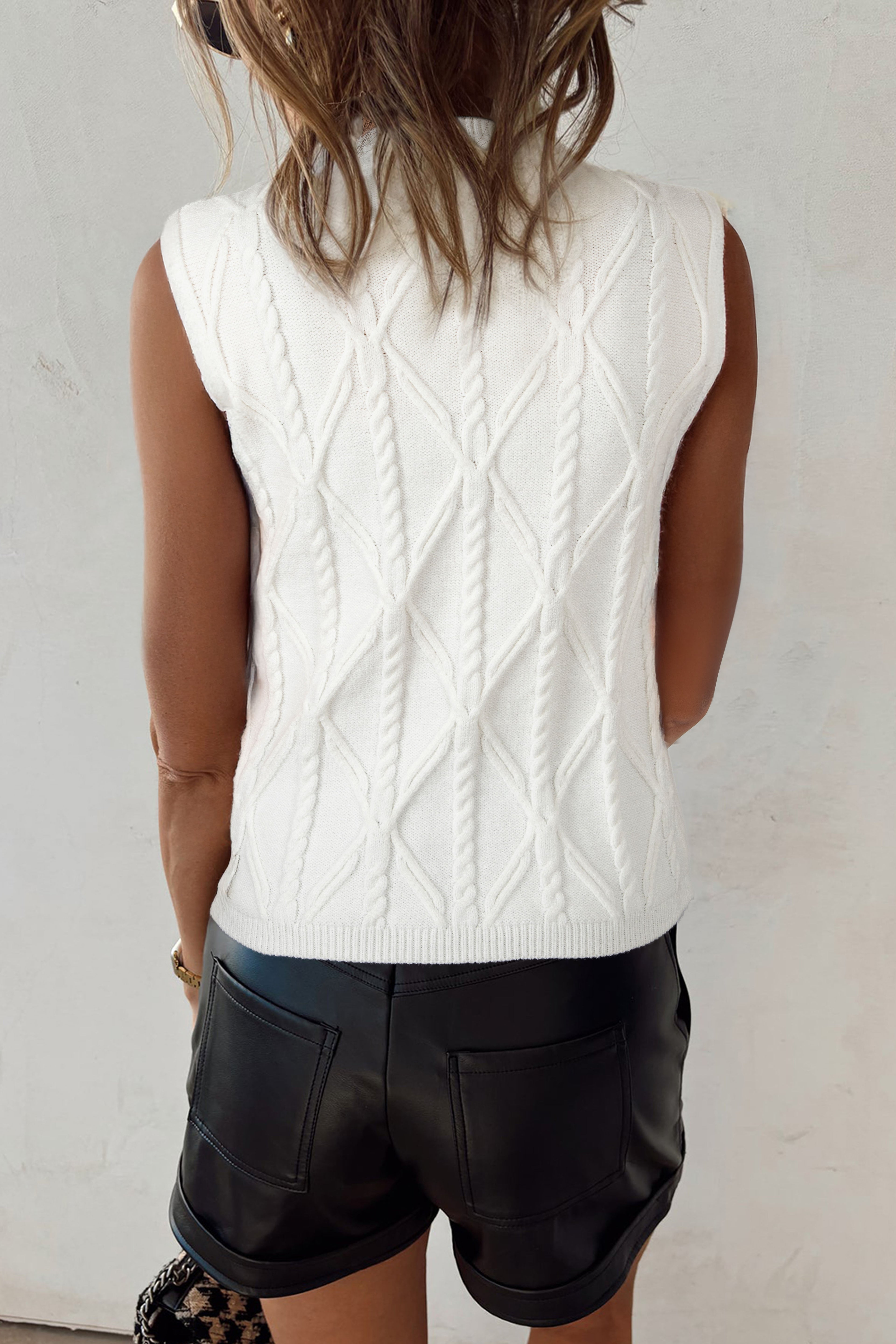 White Pearl High Neck Textured Knit Sweater Vest