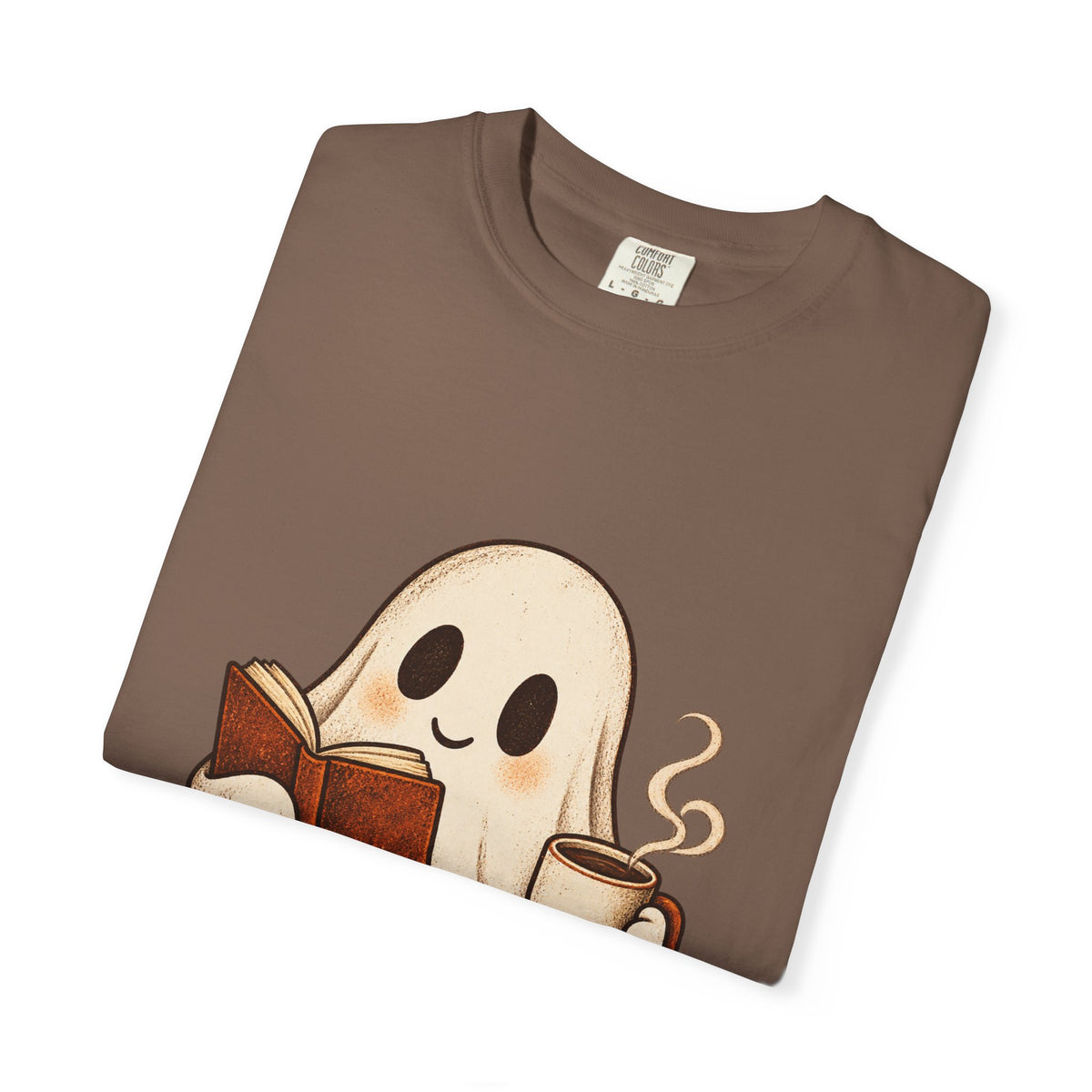 Antrezil Cozy Reading Ghost Illustration T-shirt | Autumn Book Coffee,