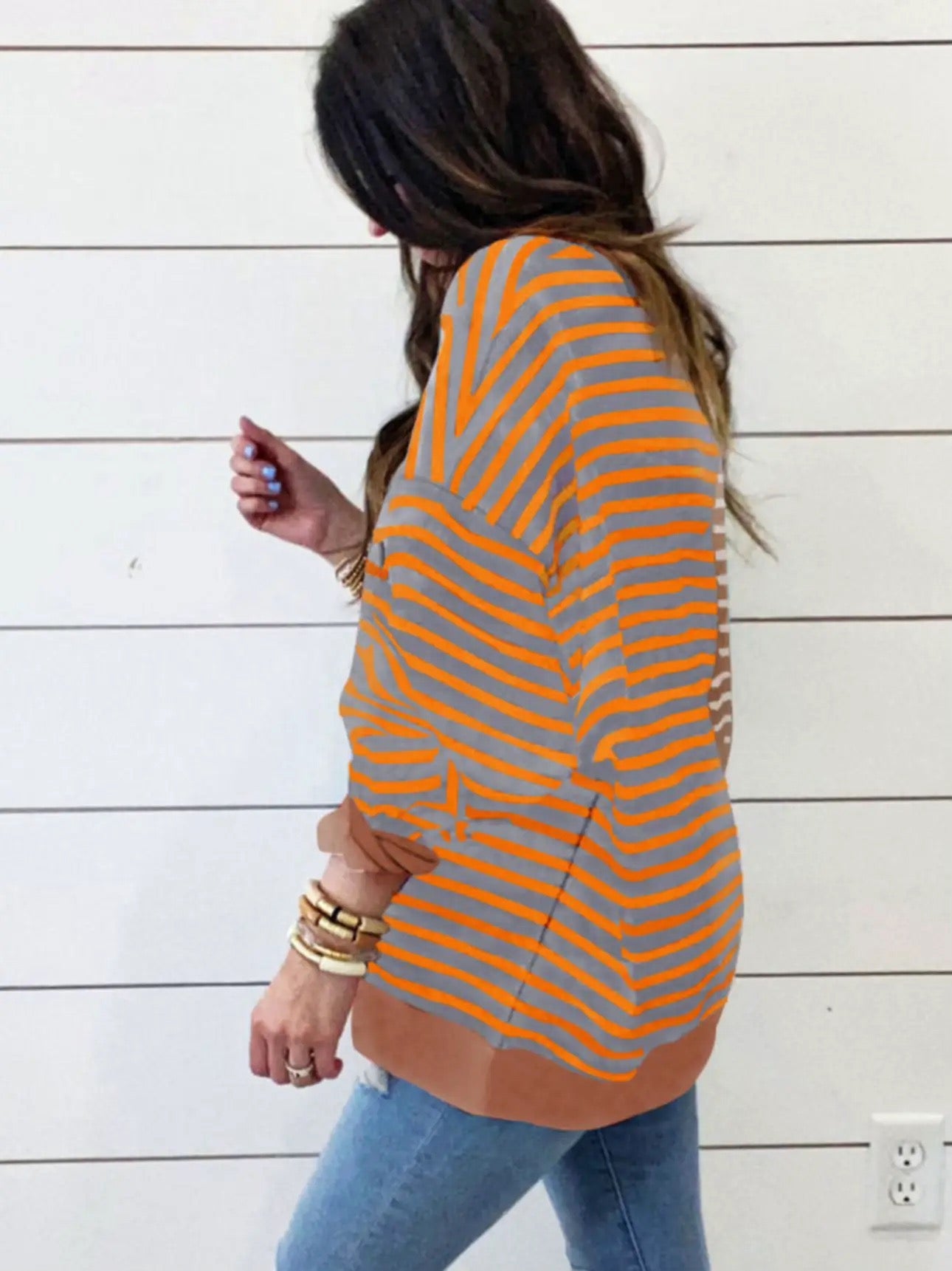 Brown stripe colorblock Drop Shoulder