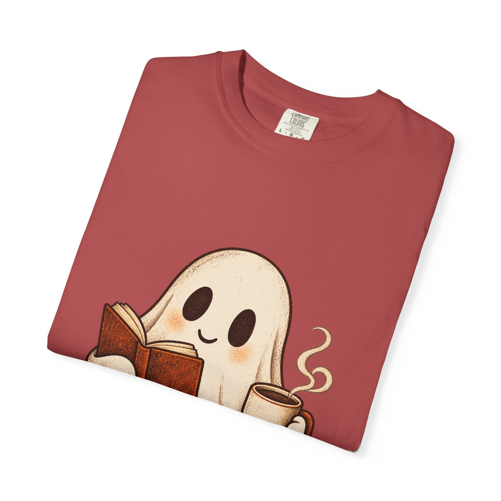 Antrezil Cozy Reading Ghost Illustration T-shirt | Autumn Book Coffee,