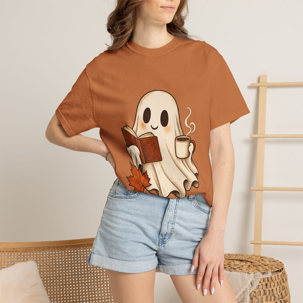 Antrezil Cozy Reading Ghost Illustration T-shirt | Autumn Book Coffee,