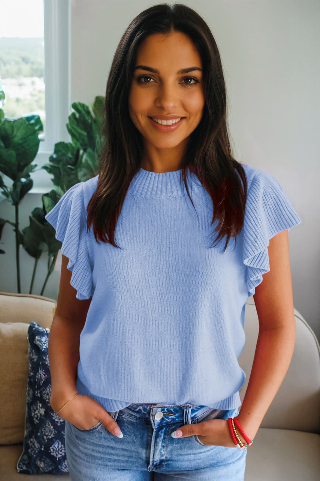 Beau Blue Solid Color Ribbed Trim Round Neck Ruffle Short Sleeve Sweater