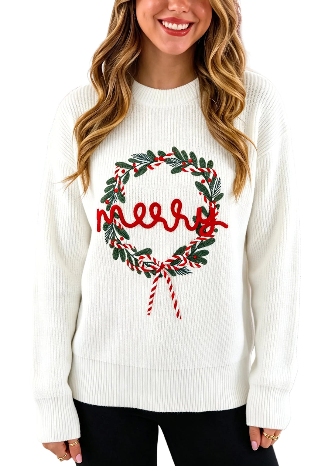 White Christmas Wreath Pattern Round Neck Casual Sweater